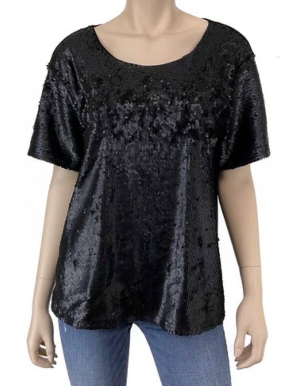 Worthington Black Sequin Short Sleeve Scoop Neck Tee